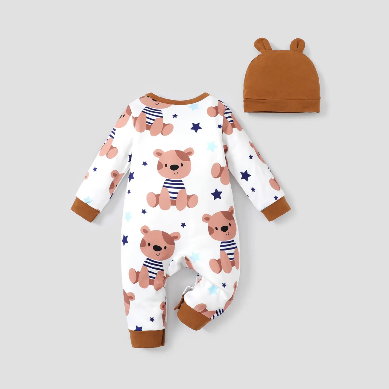 2pcs Baby Boy Allover Bear Print Long-sleeve Jumpsuit and Ear Hat Set Brown big image 1