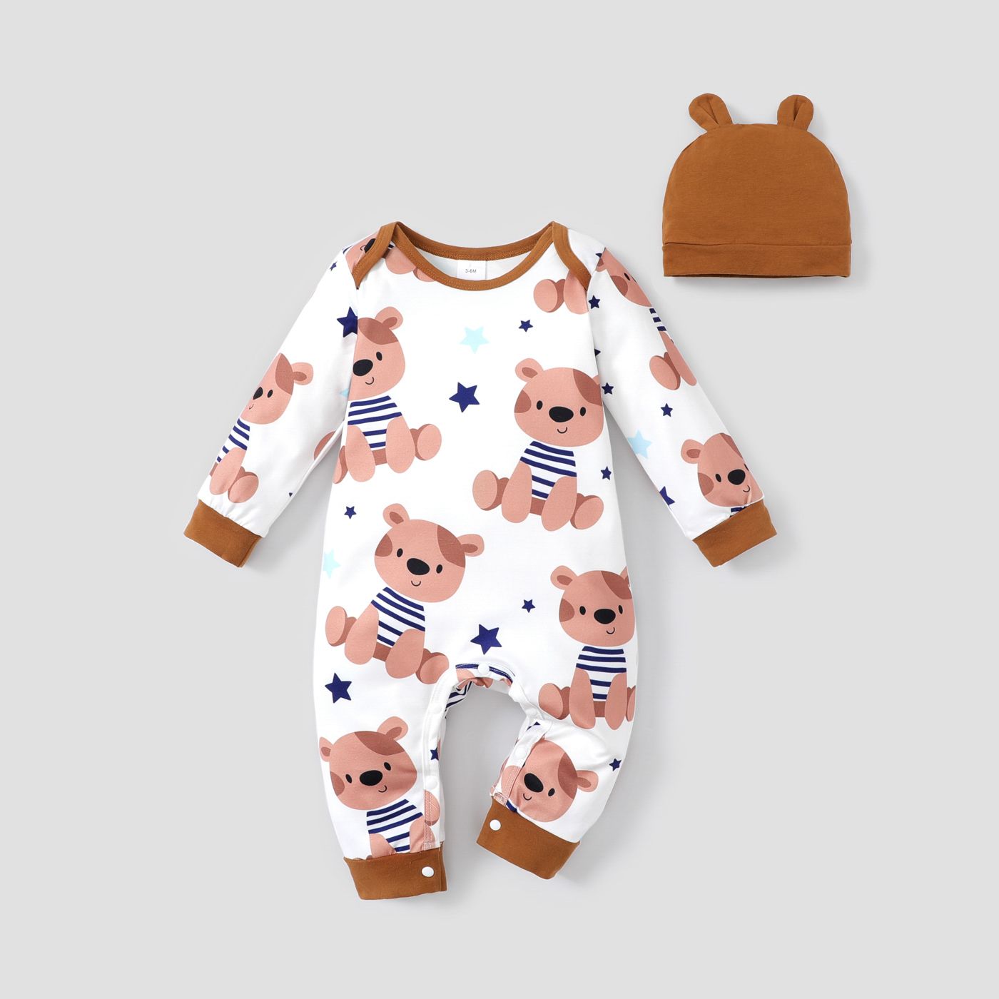 2pcs Baby Boy Allover Bear Print Long-sleeve Jumpsuit and Ear Hat Set