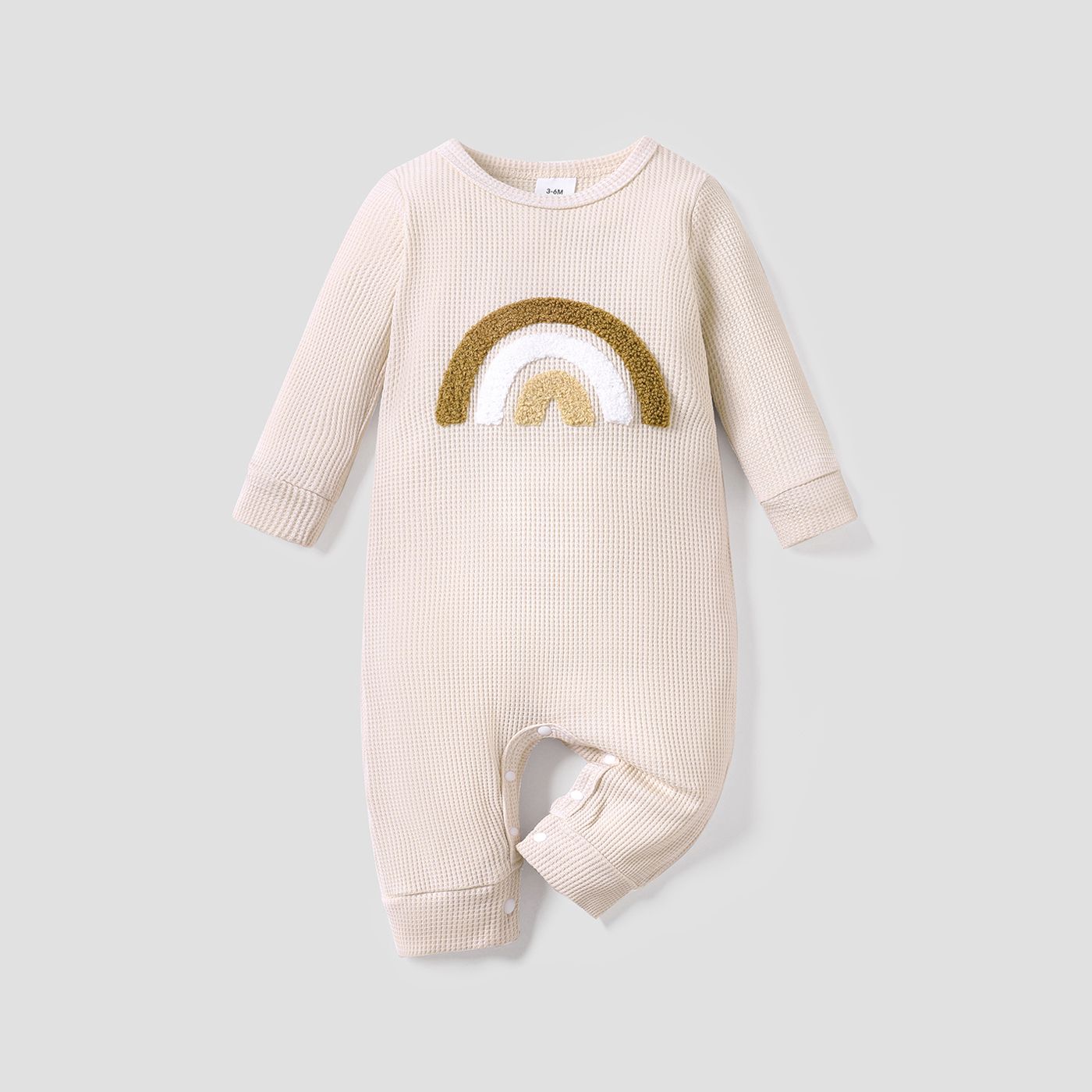 Baby Boy Rainbow Embroidered Long-sleeve Waffle Jumpsuit