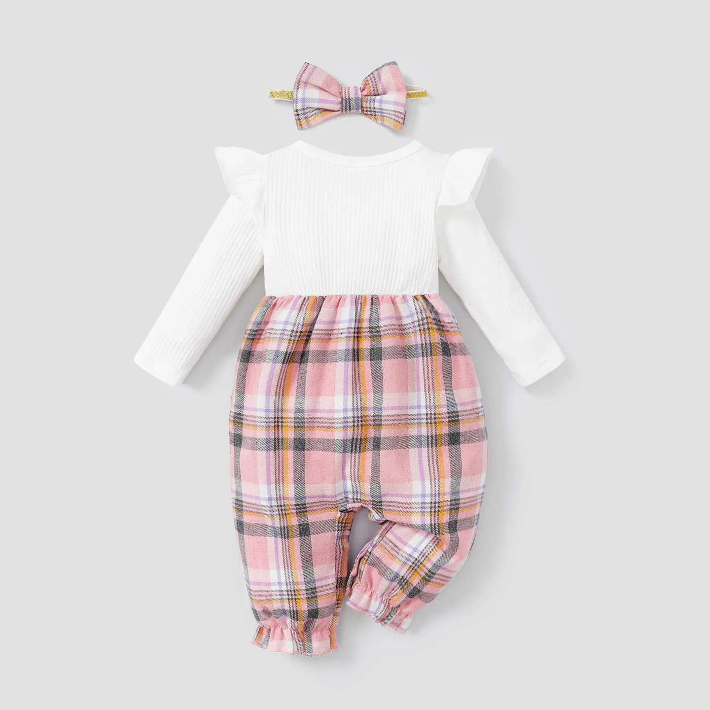 2pcs Baby Girl Plaid & Solid Ribbed Spliced Ruffle Trim Bow Front Long-sleeve Jumpsuit & Headband Set  image 2