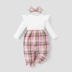2pcs Baby Girl Plaid & Solid Ribbed Spliced Ruffle Trim Bow Front Long-sleeve Jumpsuit & Headband Set  image 2