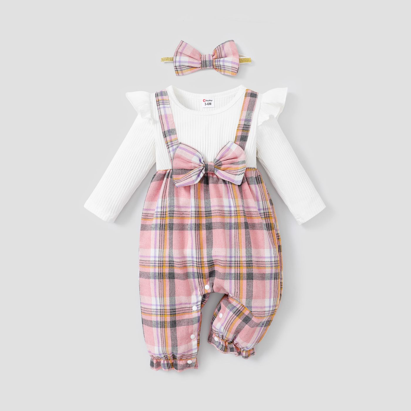 2pcs Baby Girl Plaid & Solid Ribbed Spliced Ruffle Trim Bow Front Long-sleeve Jumpsuit & Headband Se