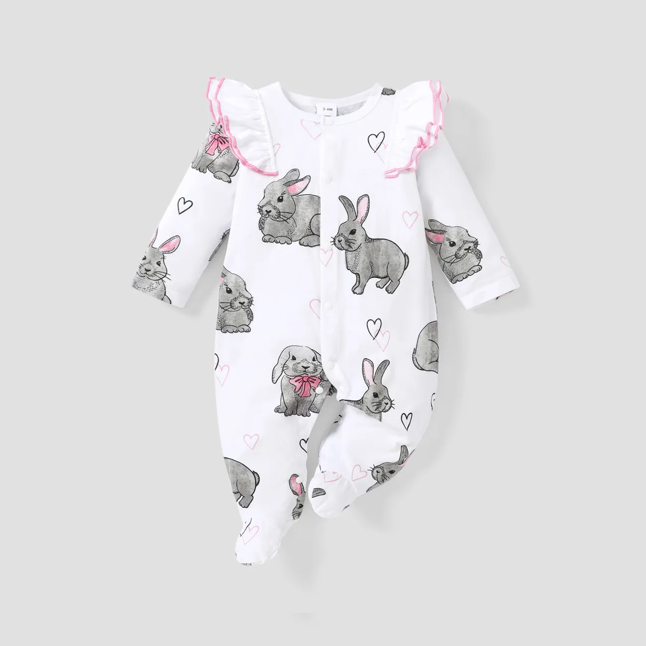100% Cotton Rabbit Print Footed/footie Long-sleeve Baby Jumpsuit White big image 1