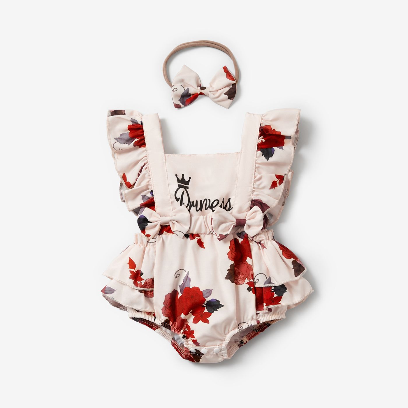 2pcs Baby Girl Sleeveless Ruffle Red Floral Letter Print Princess Romper with Headband Set