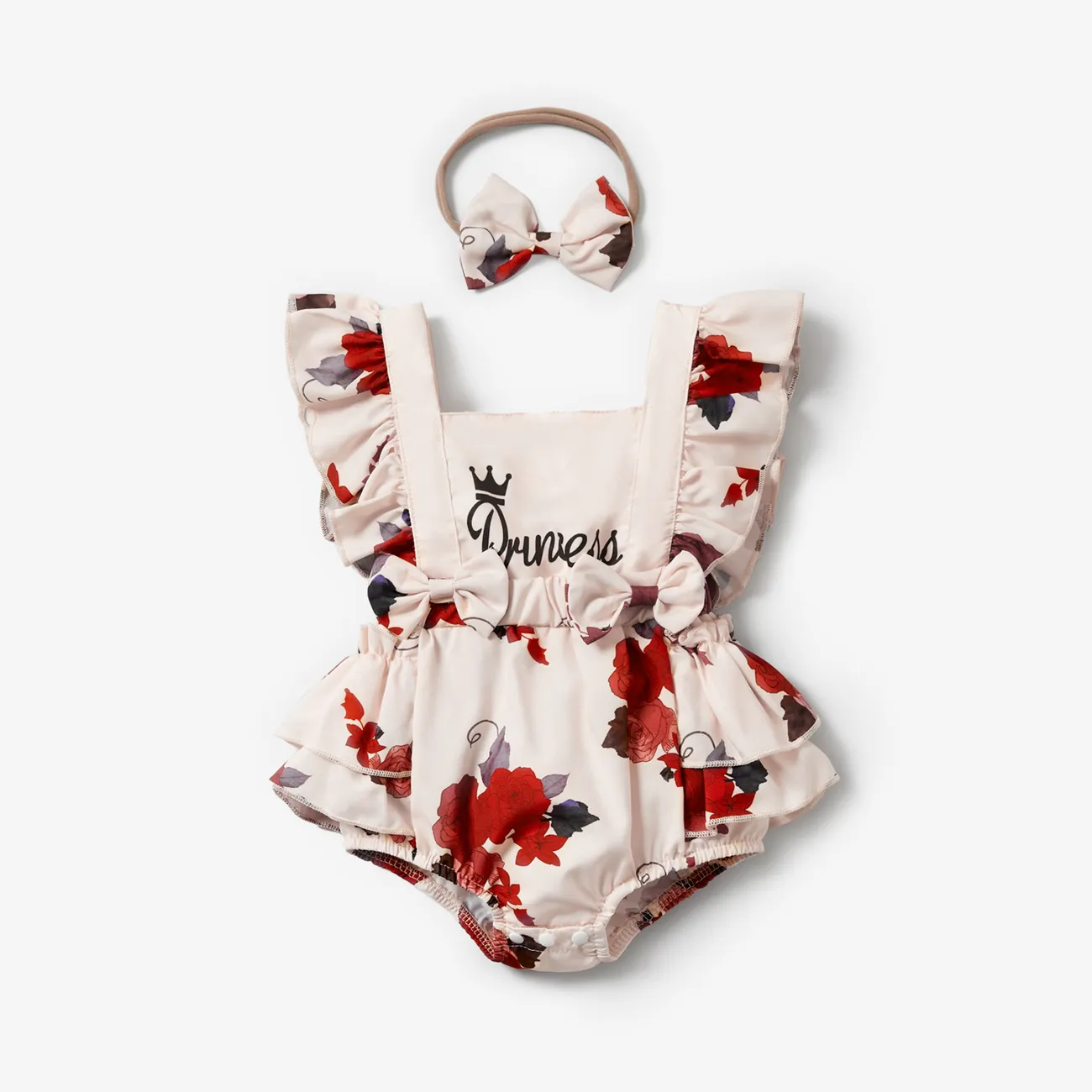 2pcs Baby Girl Sleeveless Ruffle Red Floral Letter Print Princess Romper with Headband Set Beige big image 1
