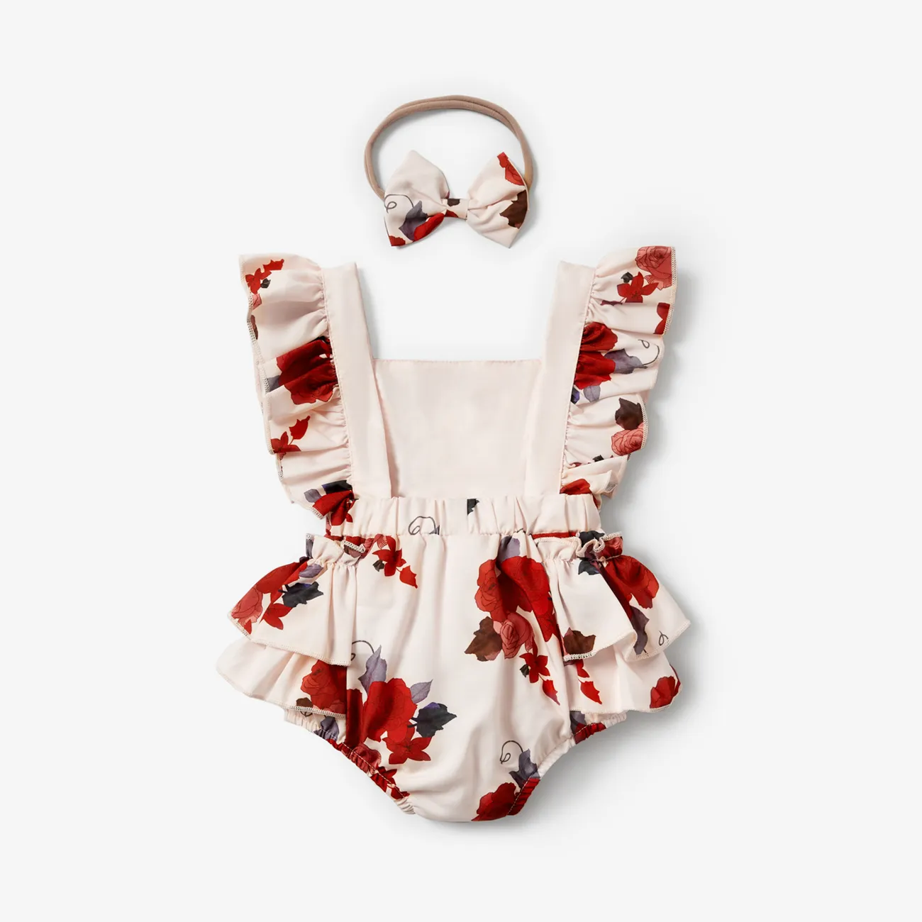 2pcs Baby Girl Sleeveless Ruffle Red Floral Letter Print Princess Romper with Headband Set Beige big image 1