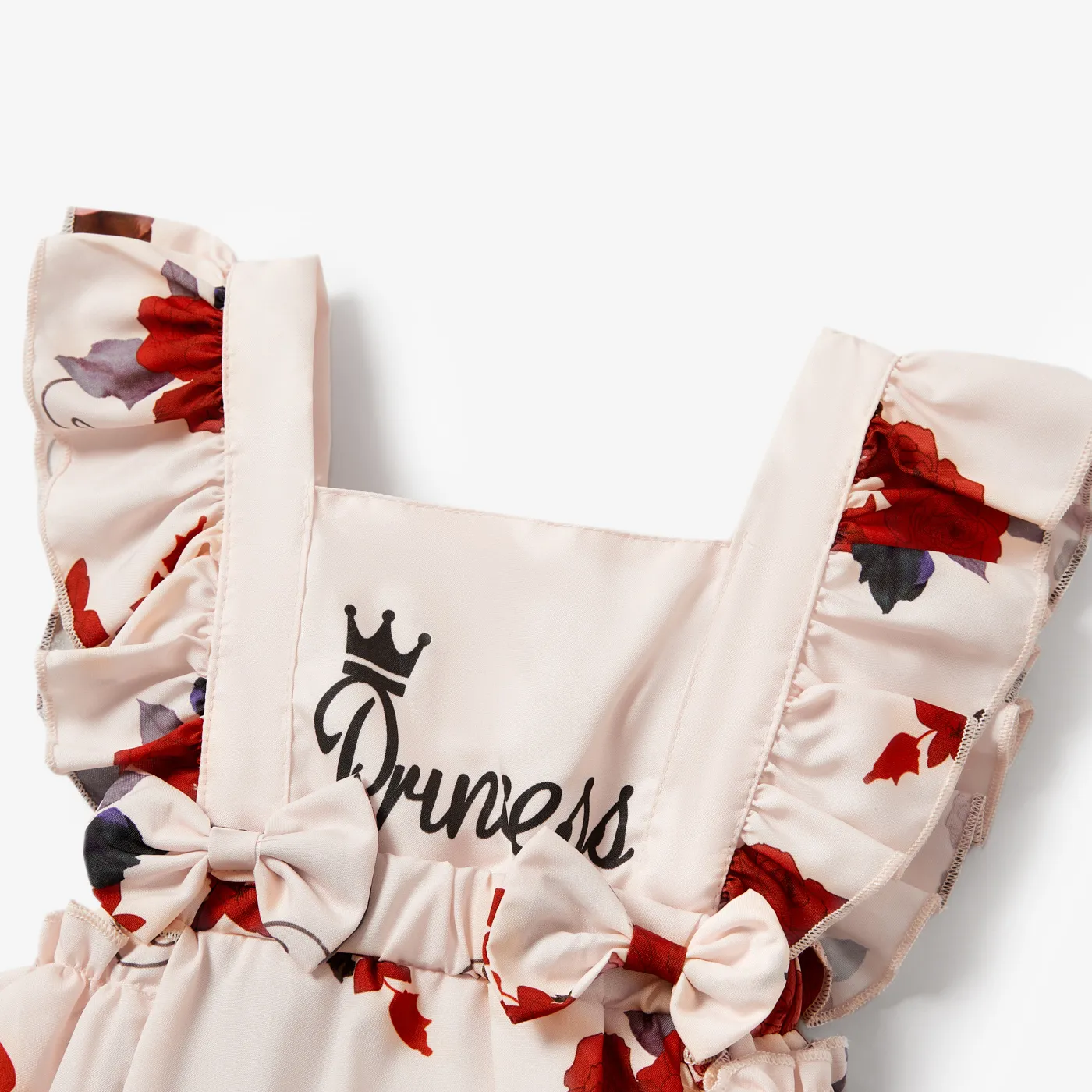 2pcs Baby Girl Sleeveless Ruffle Red Floral Letter Print Princess Romper with Headband Set Beige image 3