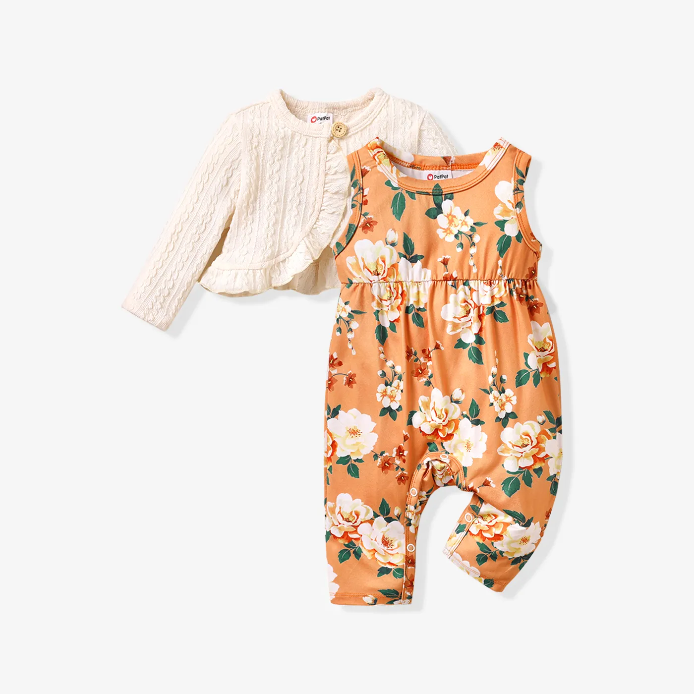 2pcs Baby Girl Elegant Big Flower Long Sleeve Jumpsuits Set Color block big image 1