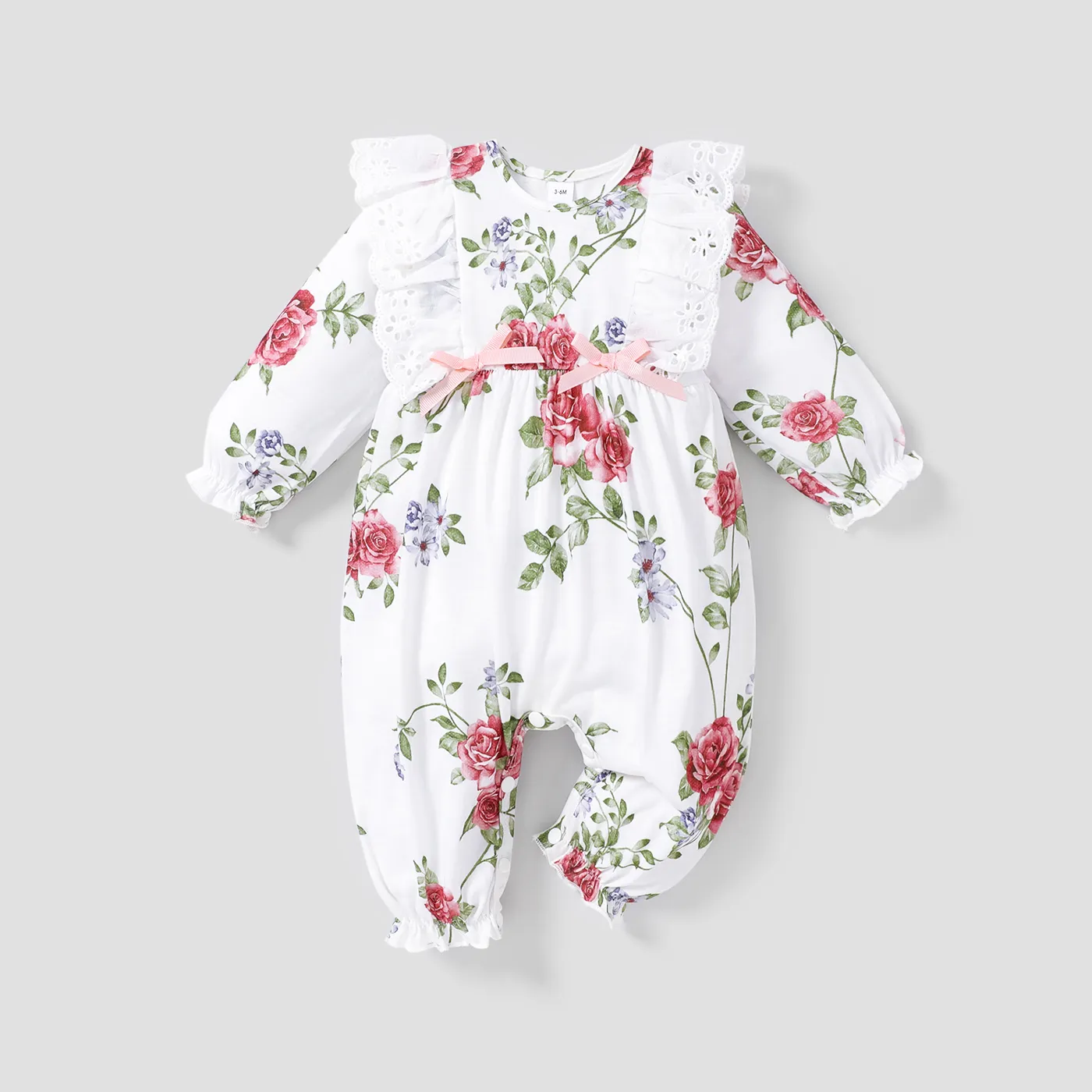 Floral Allover Bow And Lace Decor Long-sleeve Baby Jumpsuit