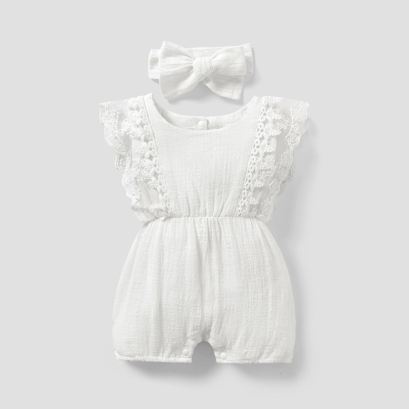 2pcs Baby Girl 95% Cotton Lace Flutter-sleeve Romper With Headband Set