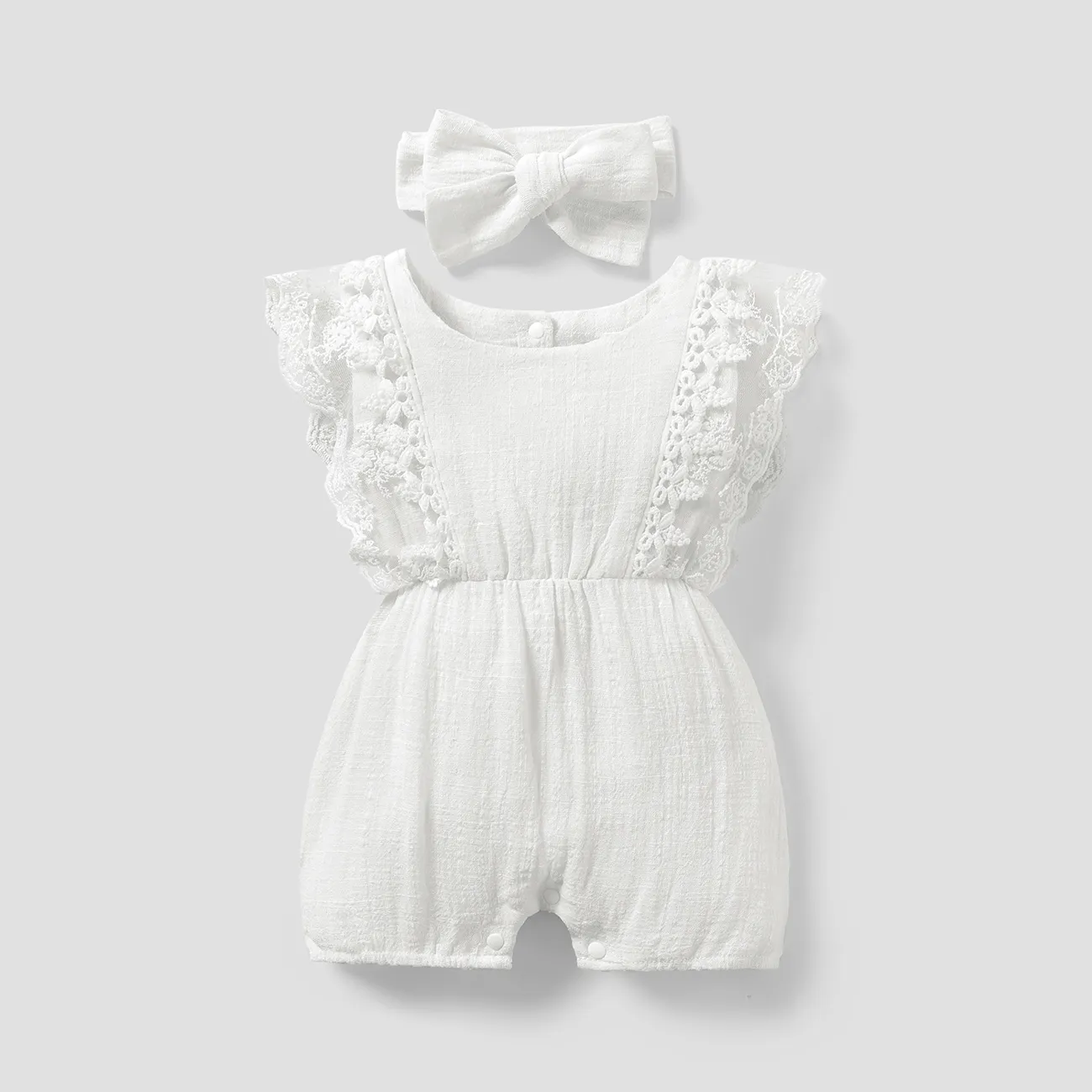 2pcs Baby Girl 95% Cotton Lace Flutter-sleeve Romper with Headband Set White big image 1