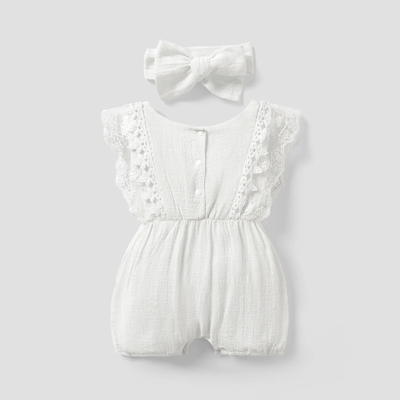 2pcs Baby Girl 95% Cotton Lace Flutter-sleeve Romper with Headband Set White big image 1
