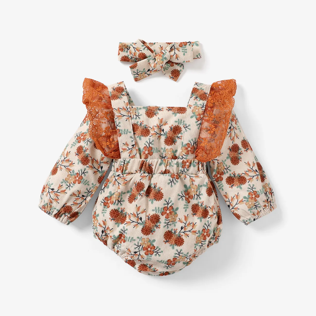 2pcs Baby Girl All Over Floral Print Lace Splicing Long-sleeve Bowknot Corduroy Romper Set Apricot big image 1