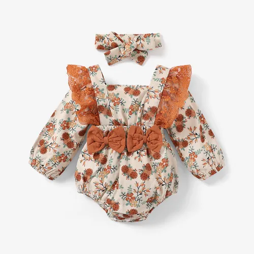 2pcs Baby Girl All Over Floral Print Lace Splicing Long-sleeve Bowknot Corduroy Romper Set