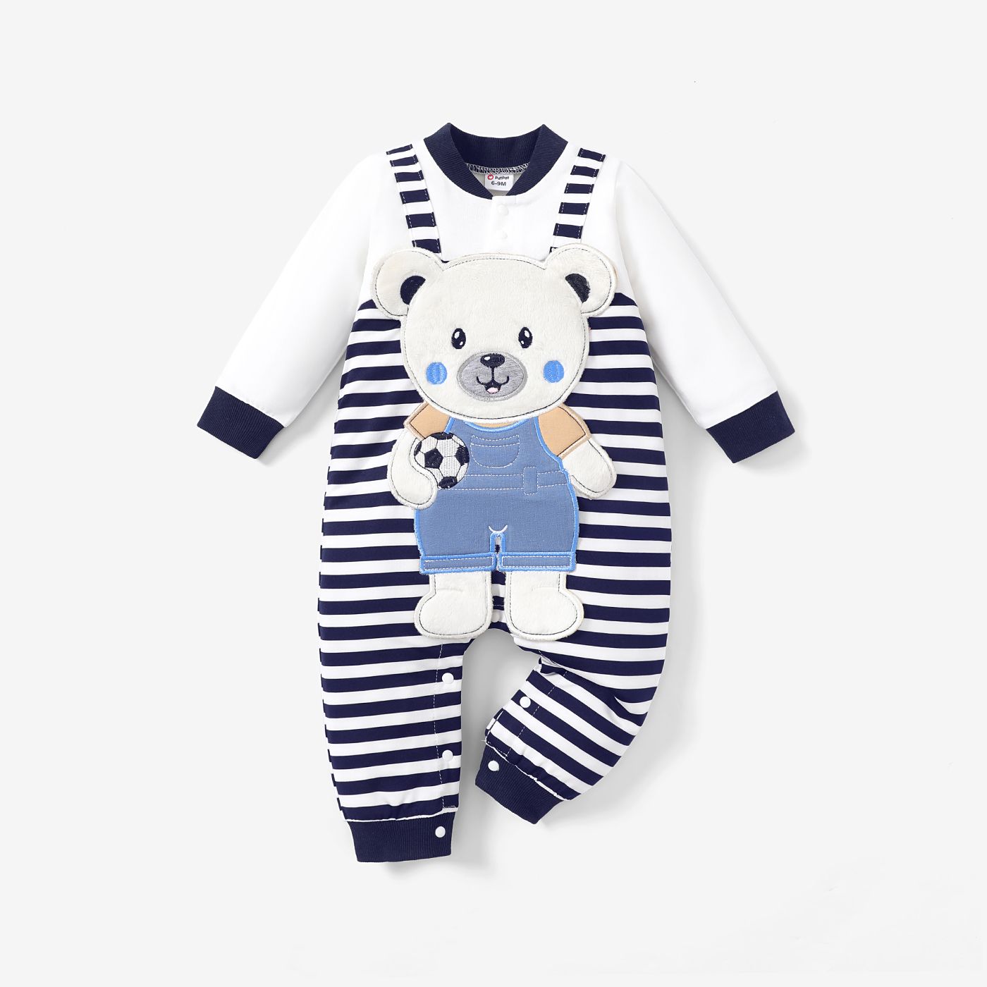 baby boy 95% cotton long-sleeve bear decor striped spliced jumpsuit