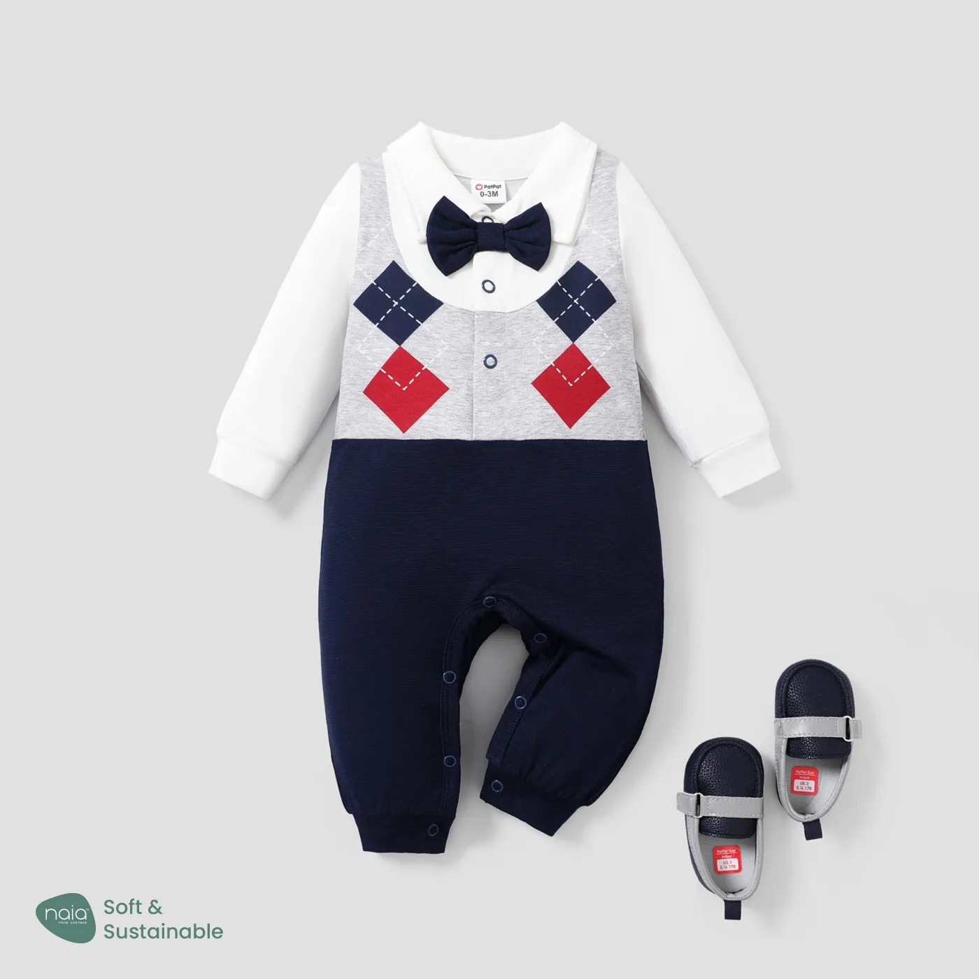 Baby Boy de manga comprida Faux-two listrado cavalheiro bow tie macacão colorblock big image 1