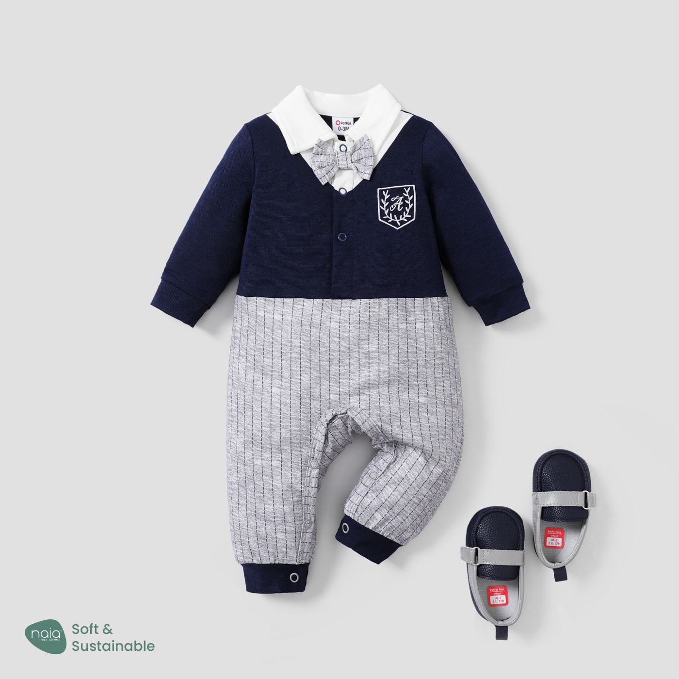 

Baby Boy Long-sleeve Faux-two Striped Gentleman Bow Tie Jumpsuit