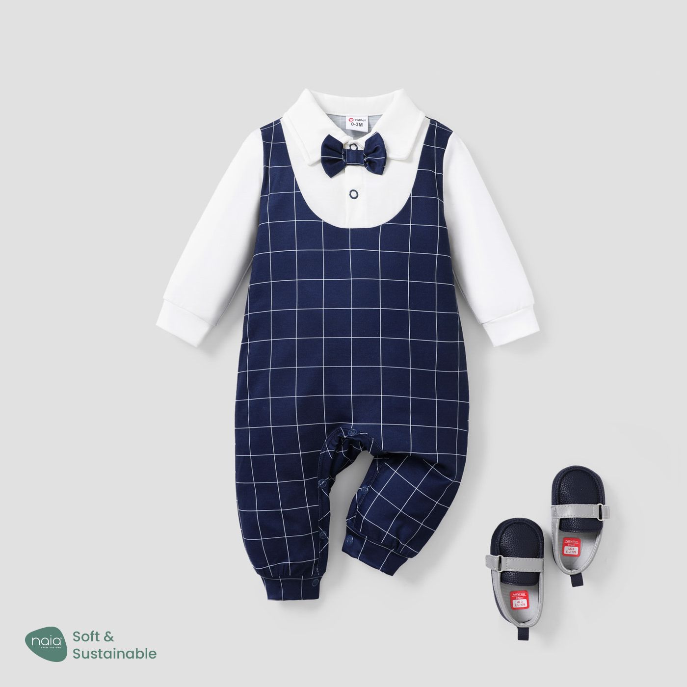 

Baby Boy Long-sleeve Faux-two Striped Gentleman Bow Tie Jumpsuit