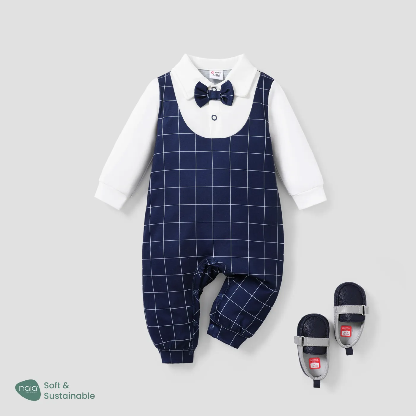 Baby Boy de manga comprida Faux-two listrado cavalheiro bow tie macacão Deep Blue-B