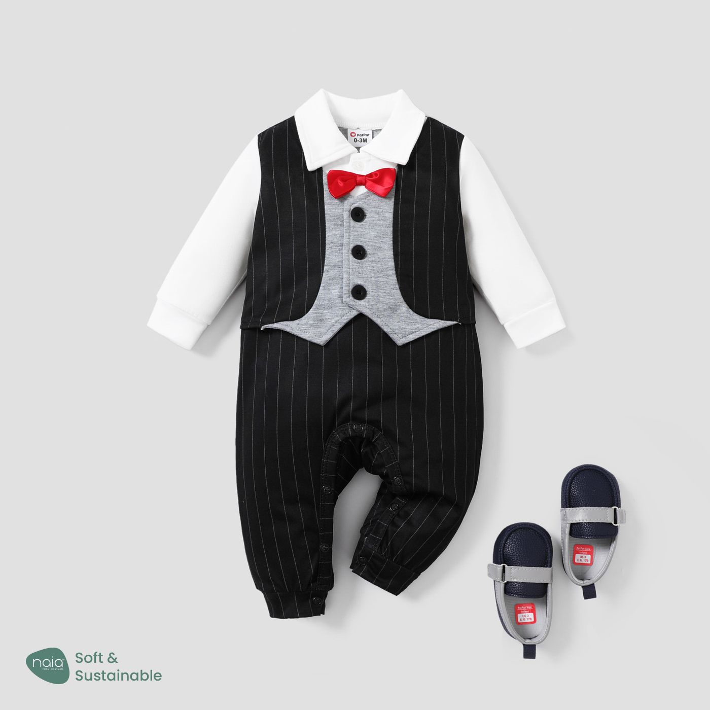 

Baby Boy Long-sleeve Faux-two Striped Gentleman Bow Tie Jumpsuit
