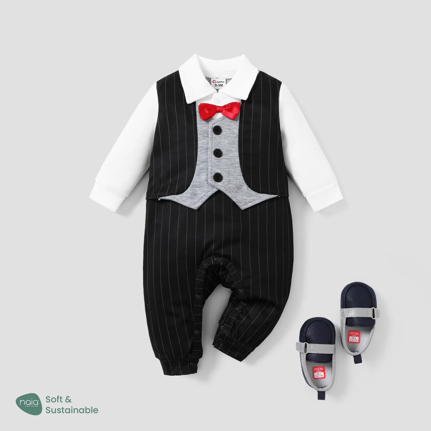 Baby Boy de manga comprida Faux-two listrado cavalheiro bow tie macacão Preto e branco