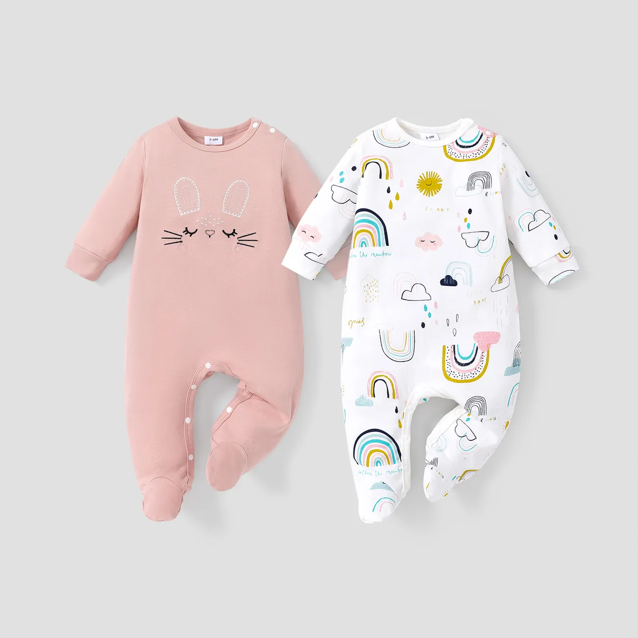 100% Cotton Rabbit Embroidery or Rainbow Print Footed/footie Long-sleeve Baby Jumpsuit Light Pink big image 1