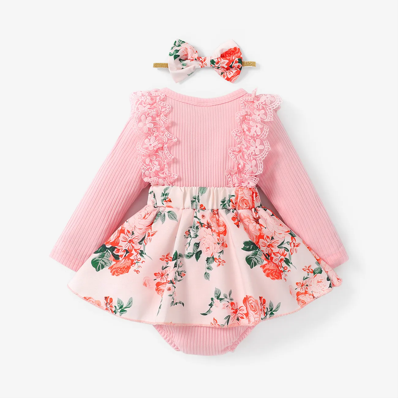 2pcs Baby Girl Long-sleeve Rib Knit Spliced Lace Ruffle Bow Front Floral Print Romper with Headband Set Pink big image 1