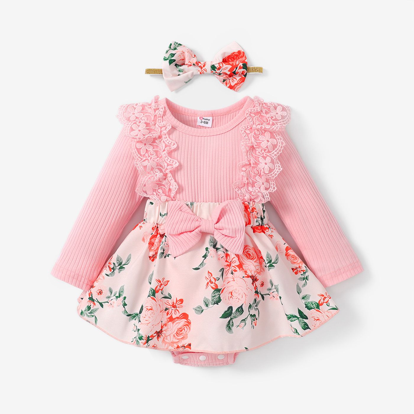 2pcs Baby Girl Long-sleeve Rib Knit Spliced Lace Ruffle Bow Front Floral Print Romper with Headband 