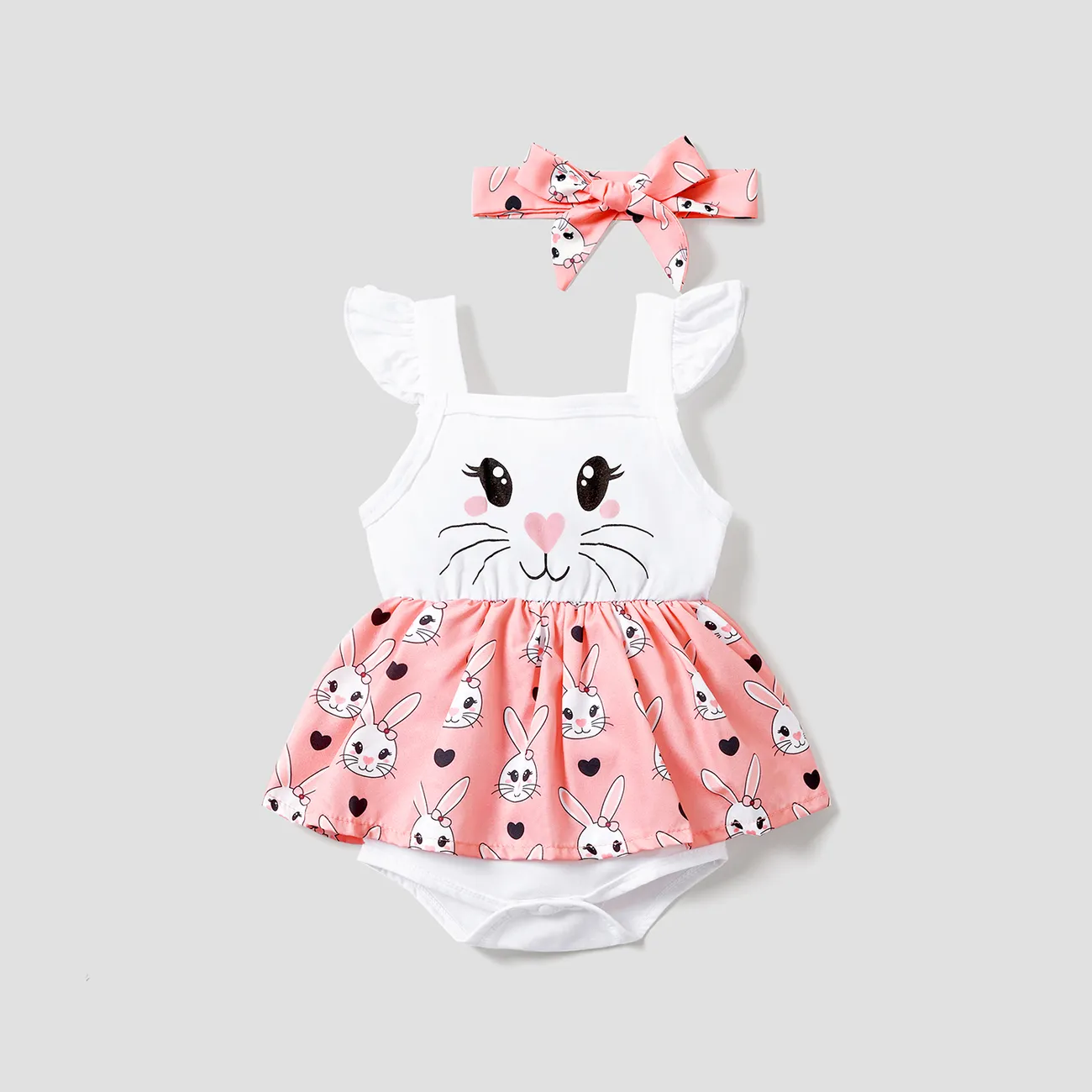 2pcs Baby Girl Rabbit Print Flutter-sleeve Faux-two Romper & Headband Set White big image 1