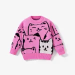 Kid/Toddler Girl Childlike Cute Cat  Sweater/Sweet Ruffle Edge Denim Jean Hot Pink