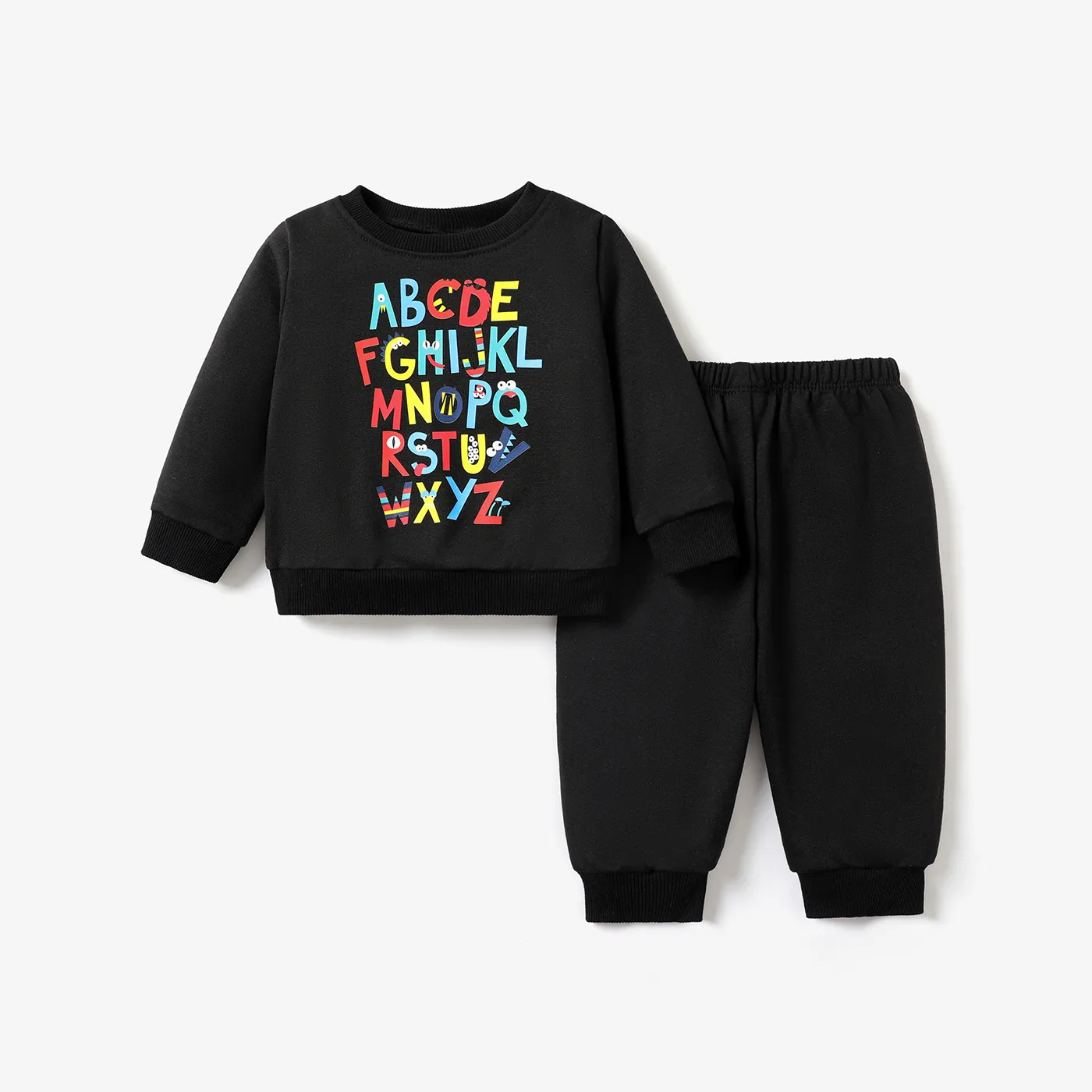 2pcs Baby Boy Childlike Letter Long Sleeve Set Black big image 1