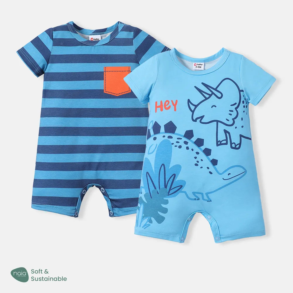 Baby Boy Stripe/Dinosaur Print Short-sleeve Romper big image 2