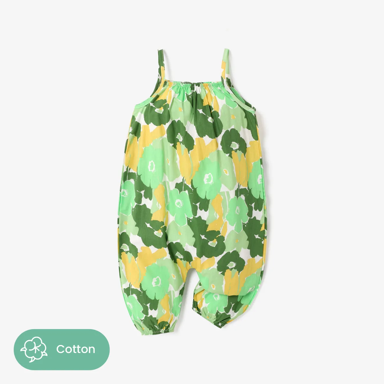 100% Cotton Baby Girl All Over Floral Print Cami Jumpsuit Light Green big image 1