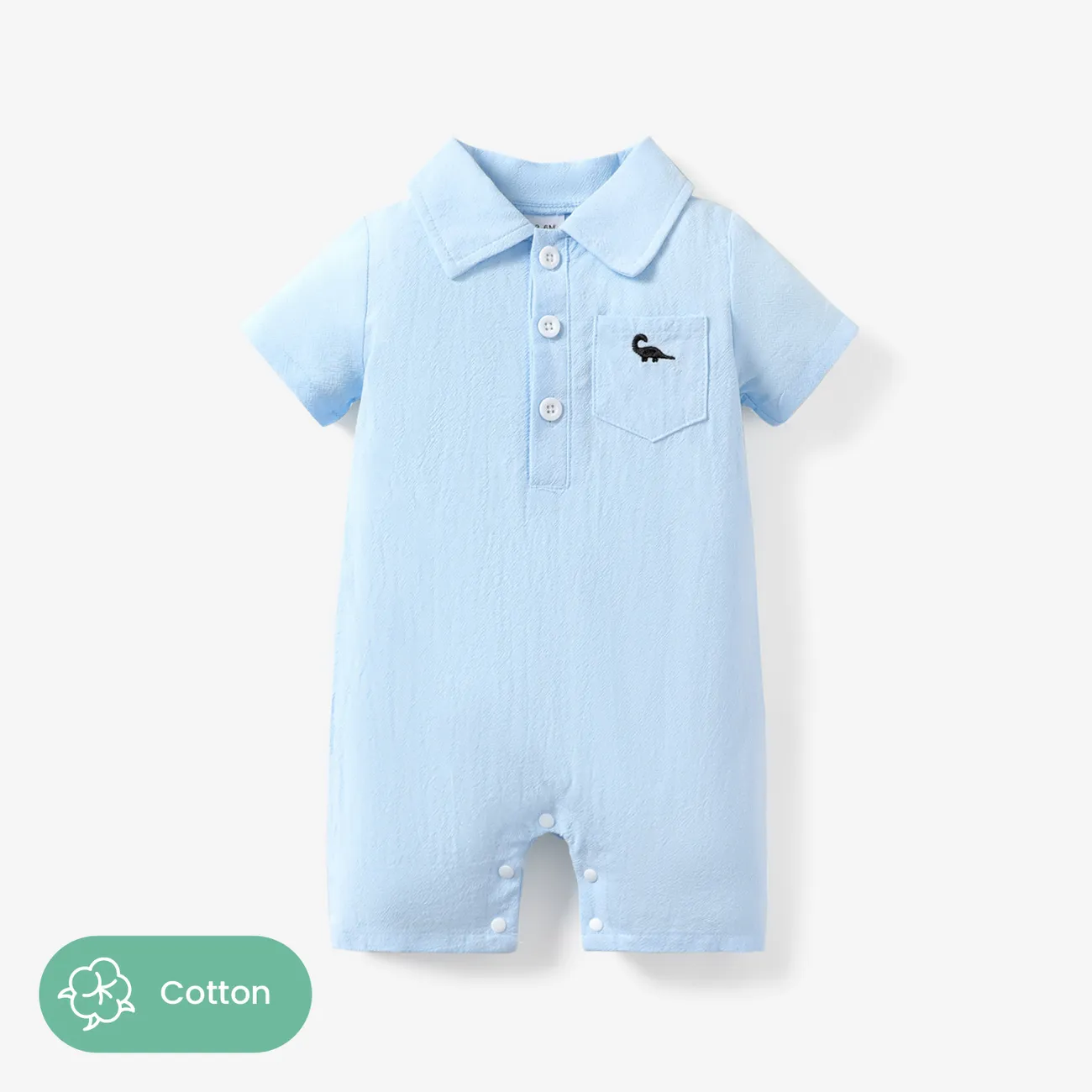 Baby Boy 100% Cotton Front Buttons Pocket with Dinosaur Pattern Lapel Neck Solid Jumpsuit  big image 1