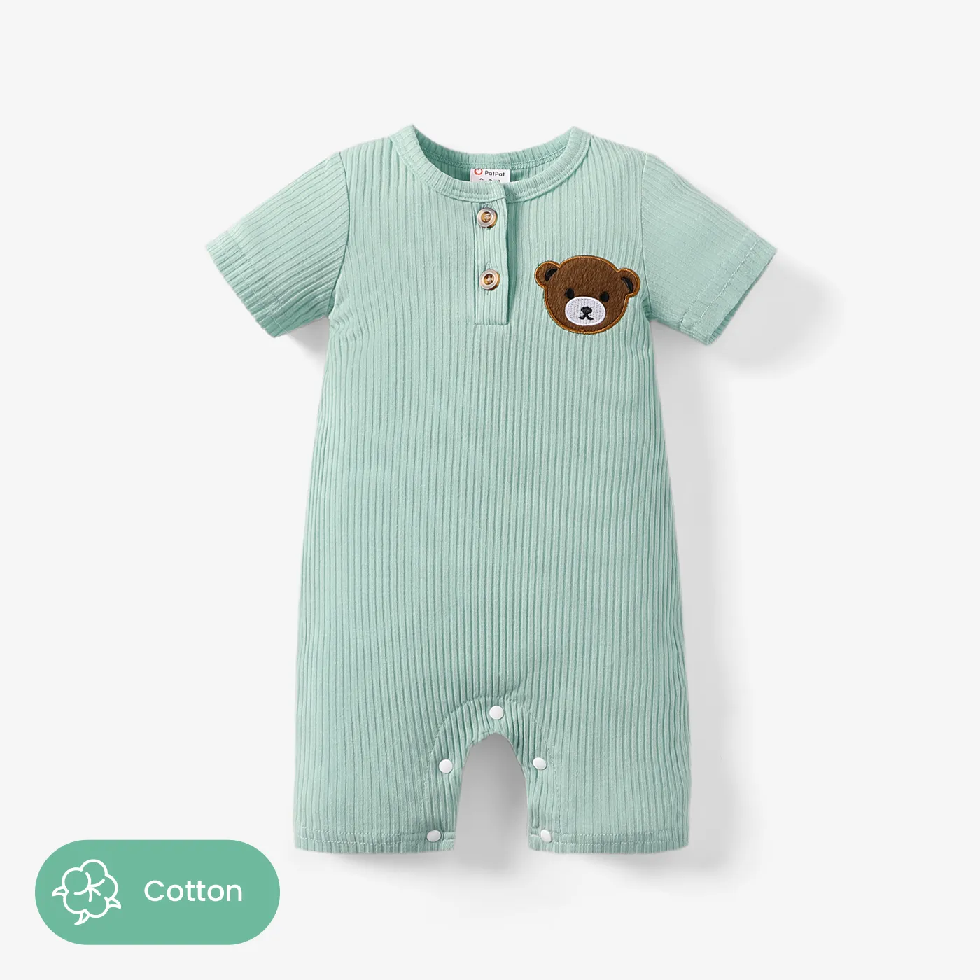 

Baby Boy 95% Cotton Bear Embroidered Rib-knit Henley Romper