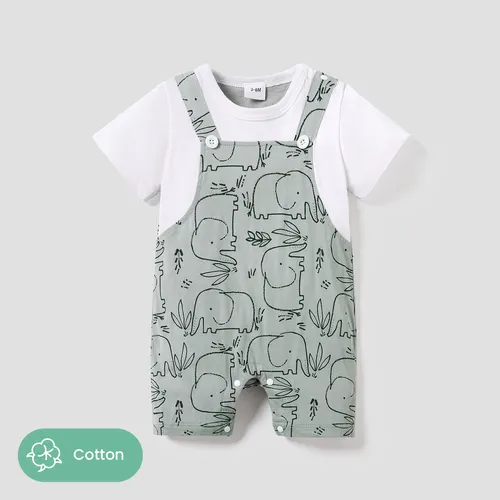 Baby Boy 100% Cotton Faux-two Short-sleeve Elephant Print Romper