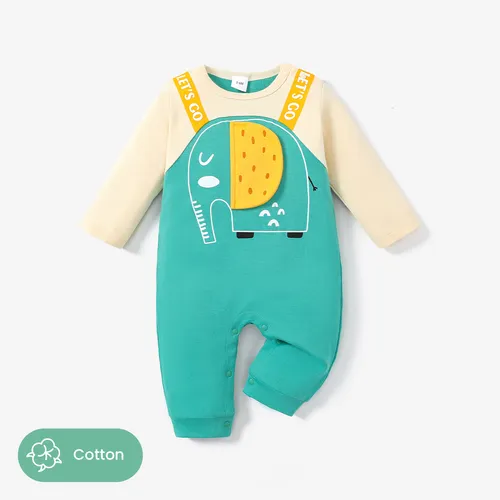 100% Cotton Baby Boy Animal Elephant Graphic Long-sleeve Jumpsuit 