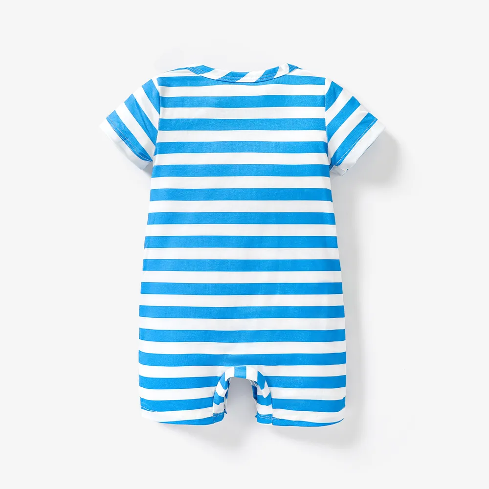 Baby Boy Cartoon Lion Print Blue Striped Short-sleeve Romper big image 2