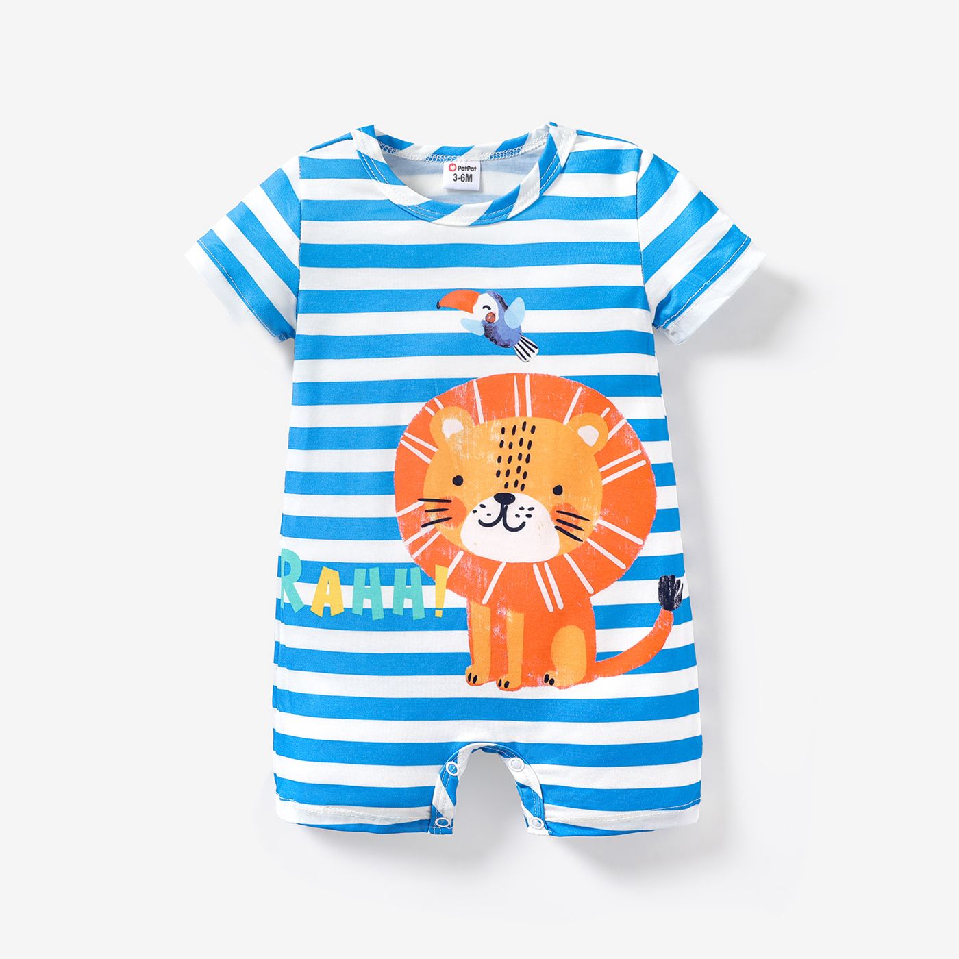 Baby Boy Cartoon Lion Print Blue Striped Short-sleeve Romper