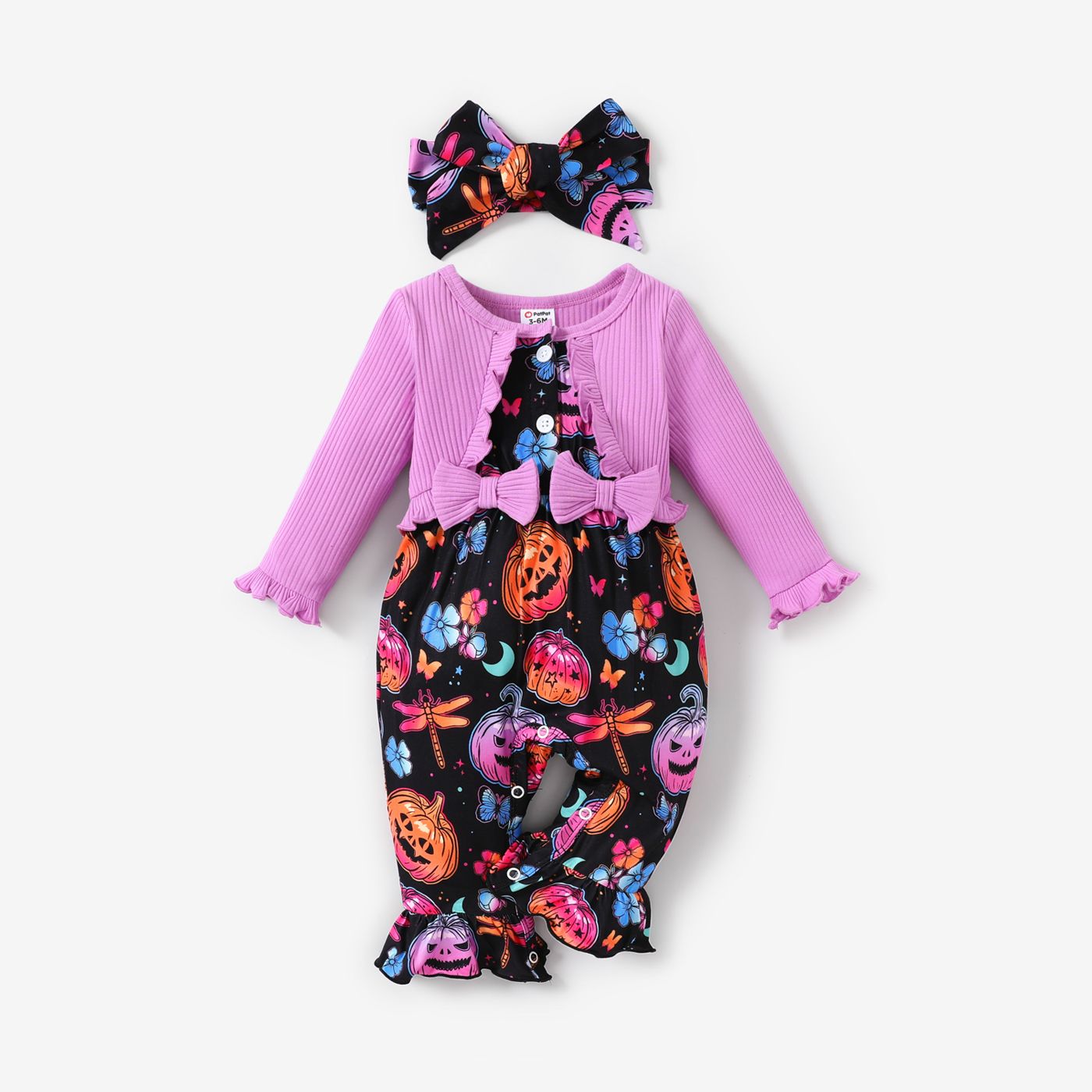 2pcs Baby Girl Halloween Childlike Style Ruffle Long Sleeves Jumpsuit Set