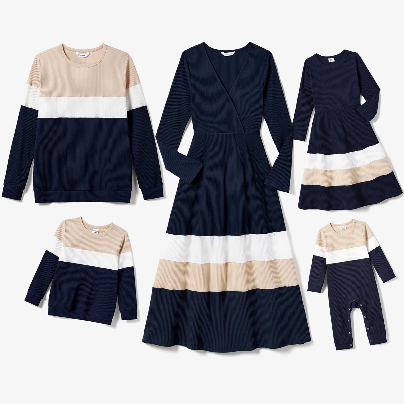 Family Matching Color-Block Knit Long-Sleeved Dresses And Tops Sets Multi-color big image 1
