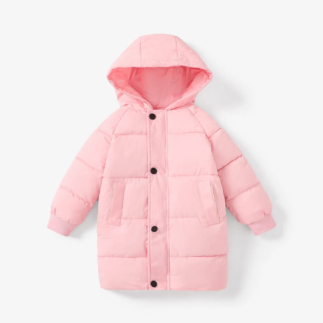 cappotto imbottito di base con cappuccio e bottoni in tinta unita per bambino/bambino Rosa big image 1