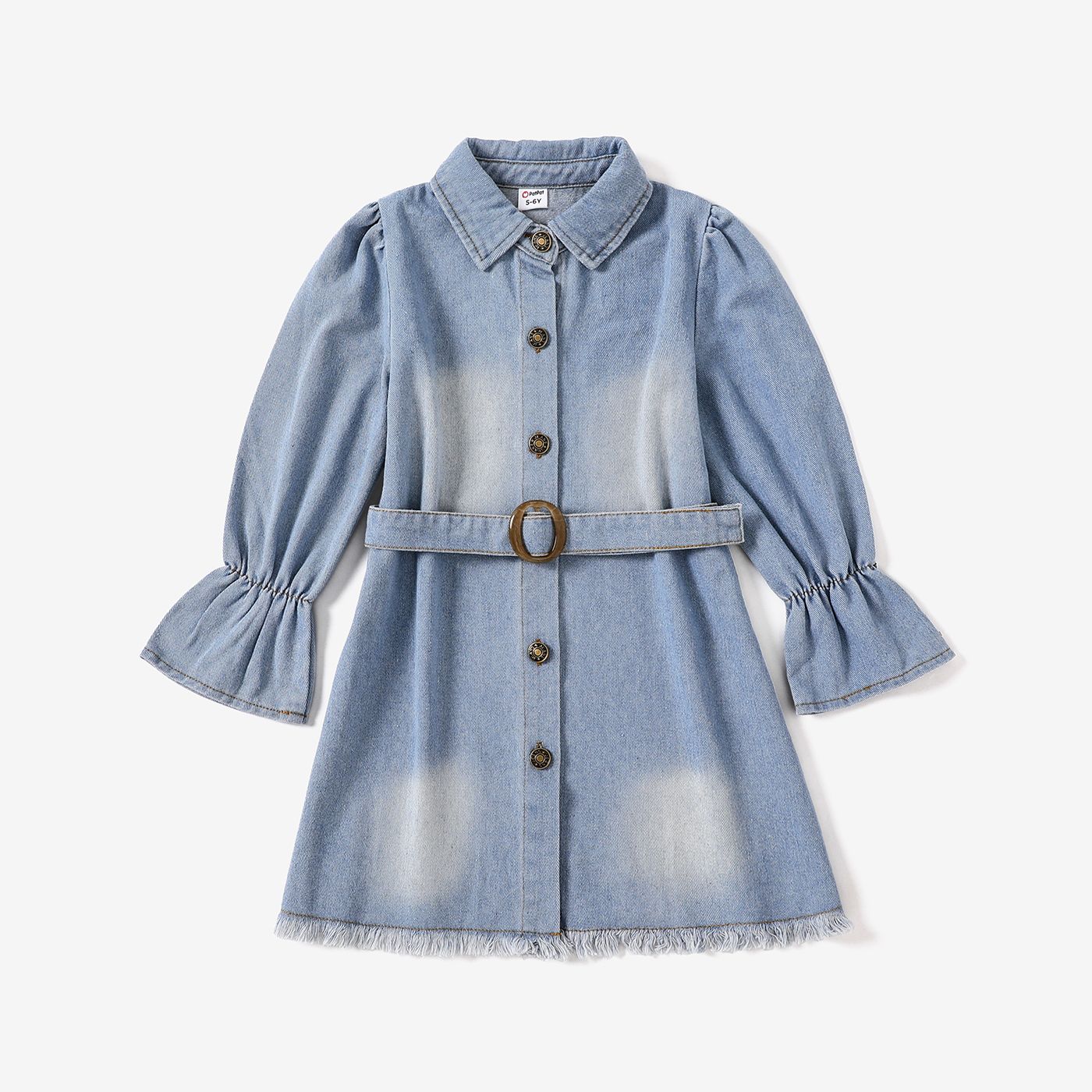 Kid Girl Solid Color Puff Sleeve Denim Dress (With Belt)