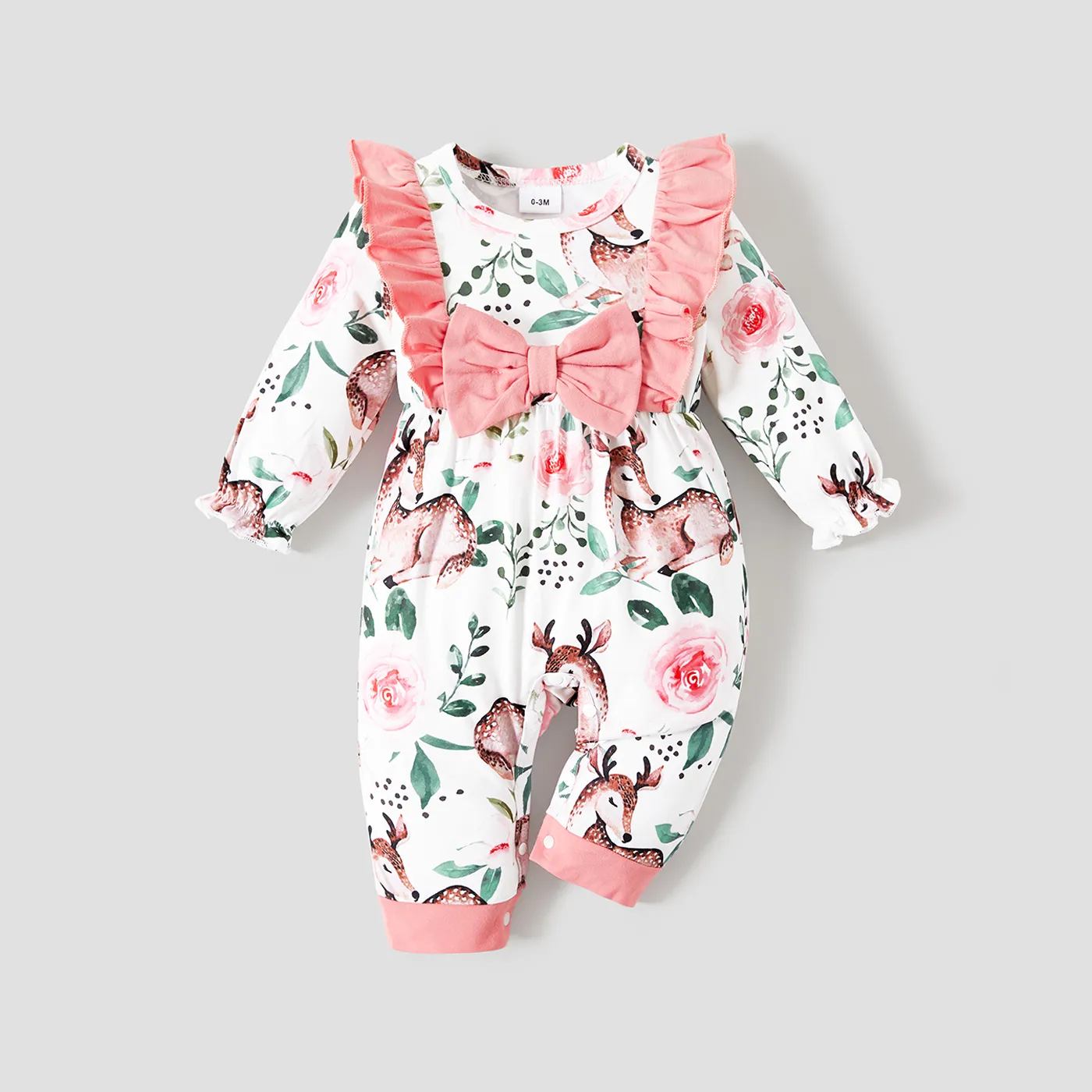 Baby Girl Allover Deer Floral Print Bow Decor Ruffle Long-sleeve Jumpsuit  Pink big image 1
