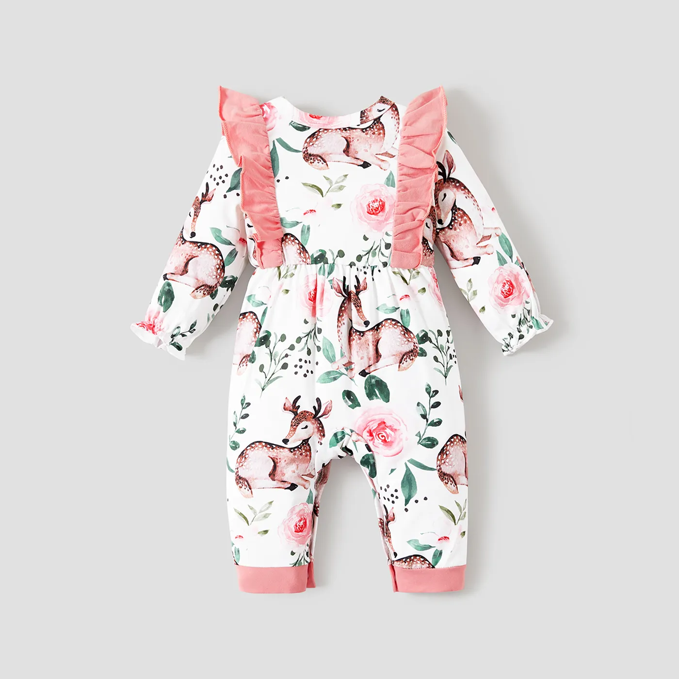 Baby Girl Allover Deer Floral Print Bow Decor Ruffle Long-sleeve Jumpsuit  Pink image 2