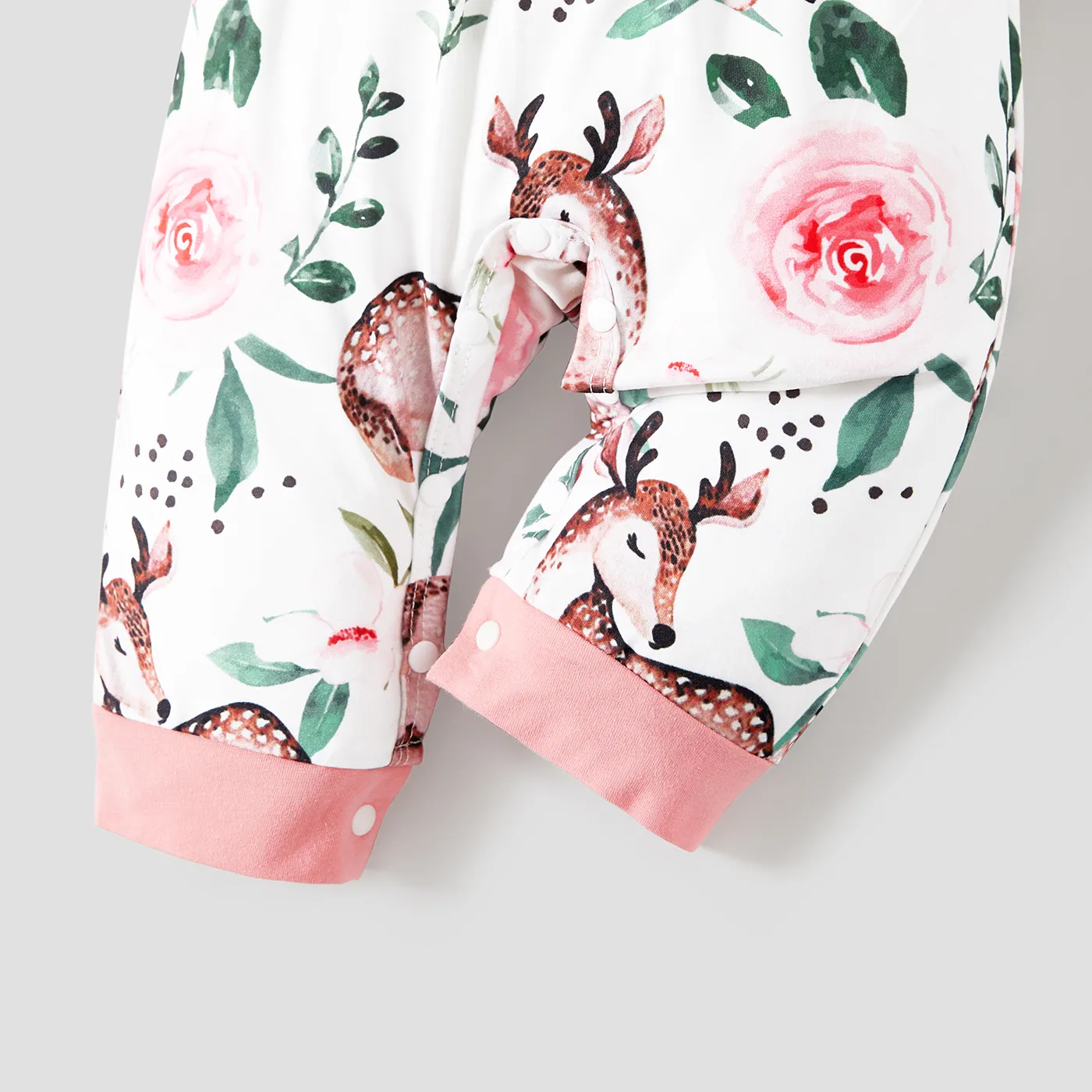 Baby Girl Allover Deer Floral Print Bow Decor Ruffle Long-sleeve Jumpsuit  Pink image 5