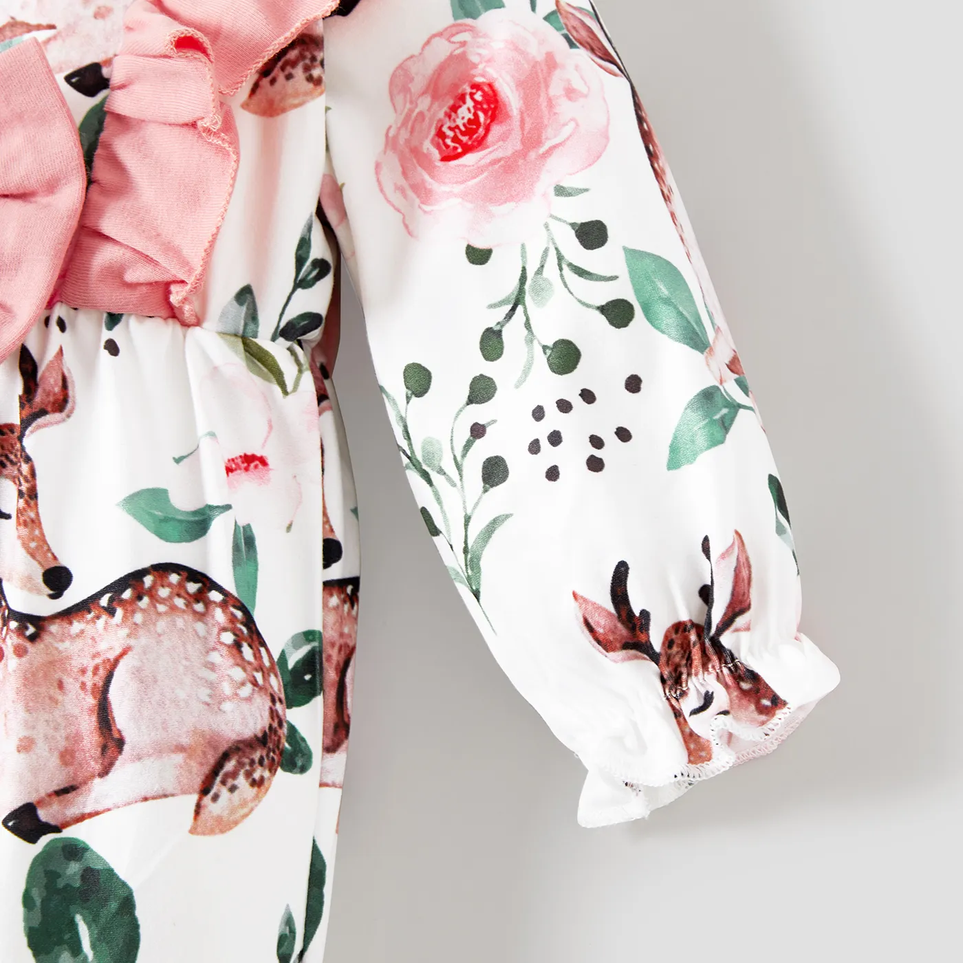 Baby Girl Allover Deer Floral Print Bow Decor Ruffle Long-sleeve Jumpsuit  Pink image 4