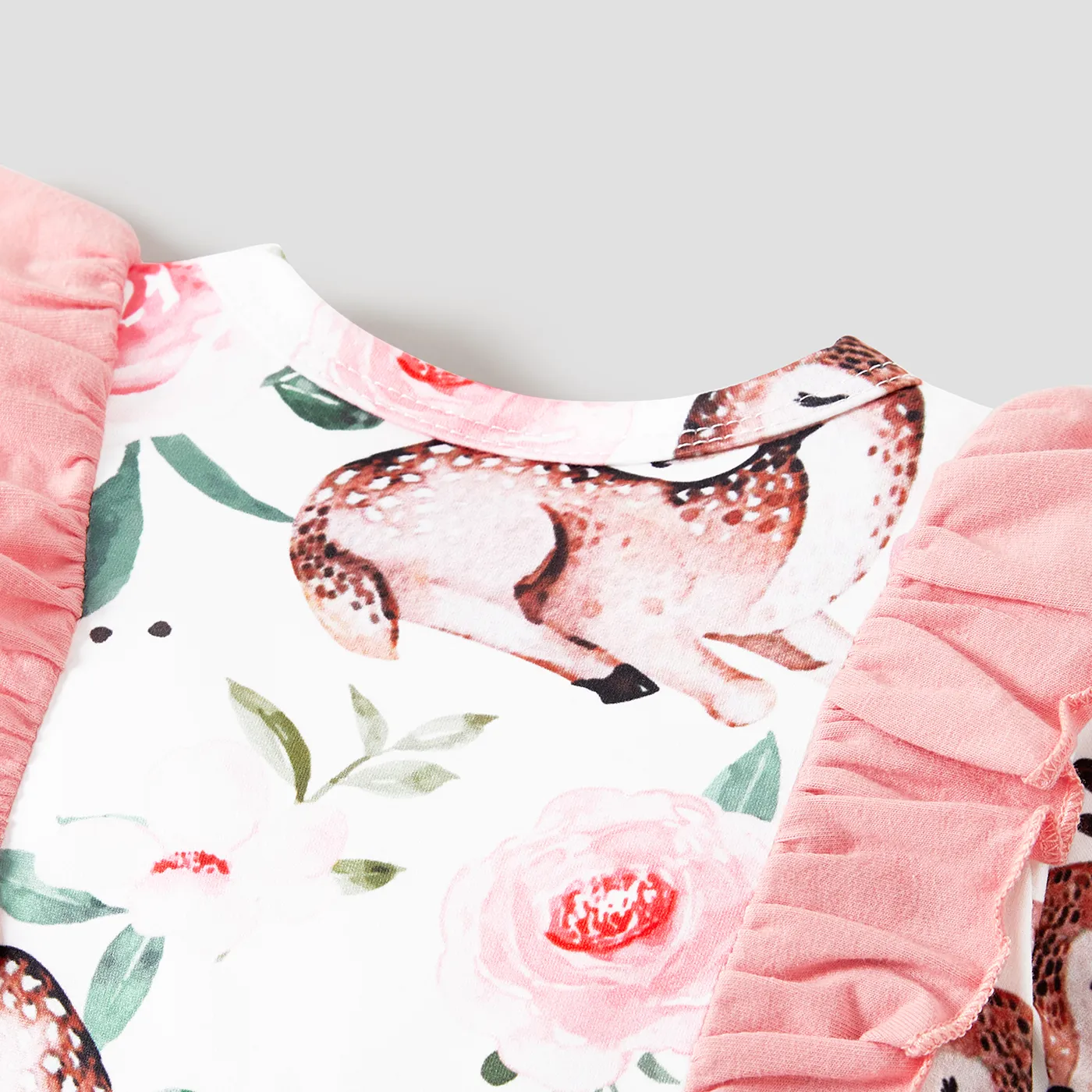 Baby Girl Allover Deer Floral Print Bow Decor Ruffle Long-sleeve Jumpsuit  Pink image 6