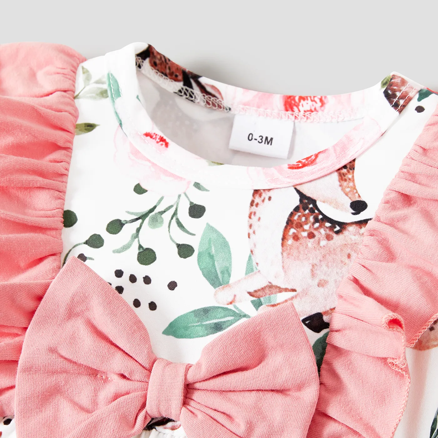 Baby Girl Allover Deer Floral Print Bow Decor Ruffle Long-sleeve Jumpsuit  Pink image 3