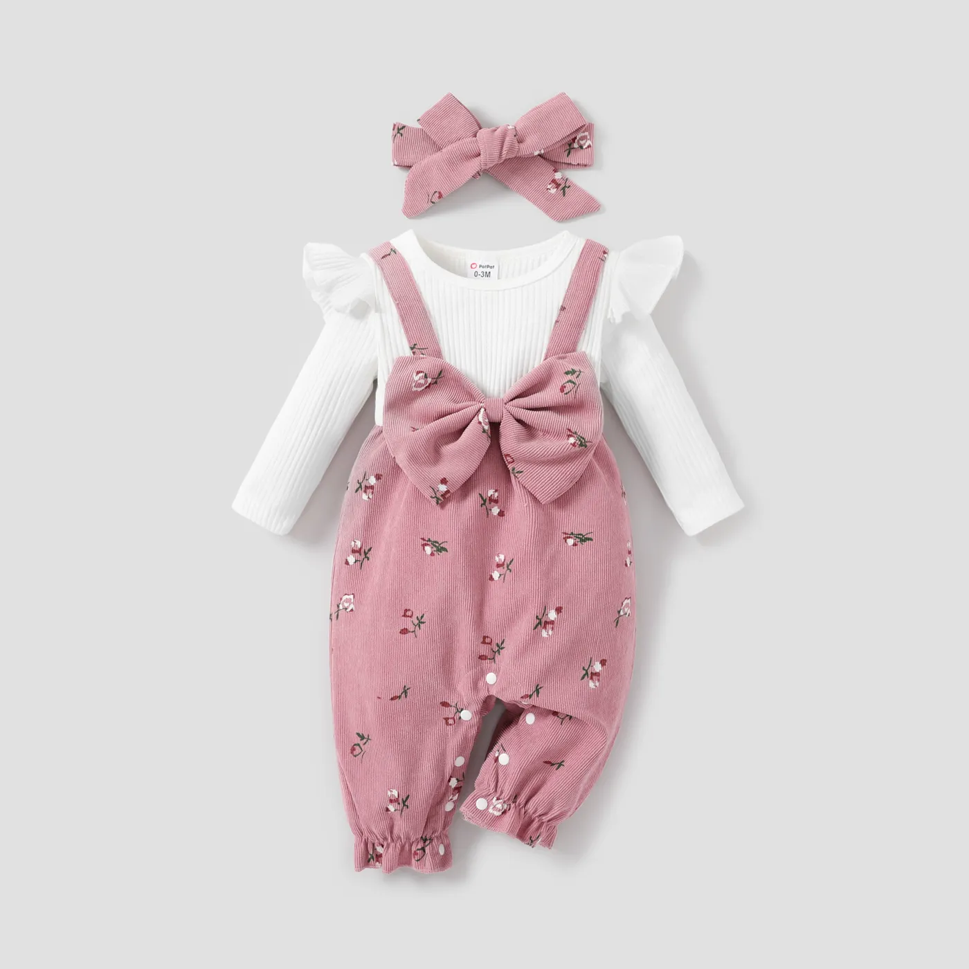 2pcs Baby Girl Sweet 3D Hyper-Tactile Floral Pattern Jumpsuit Set Pink big image 1